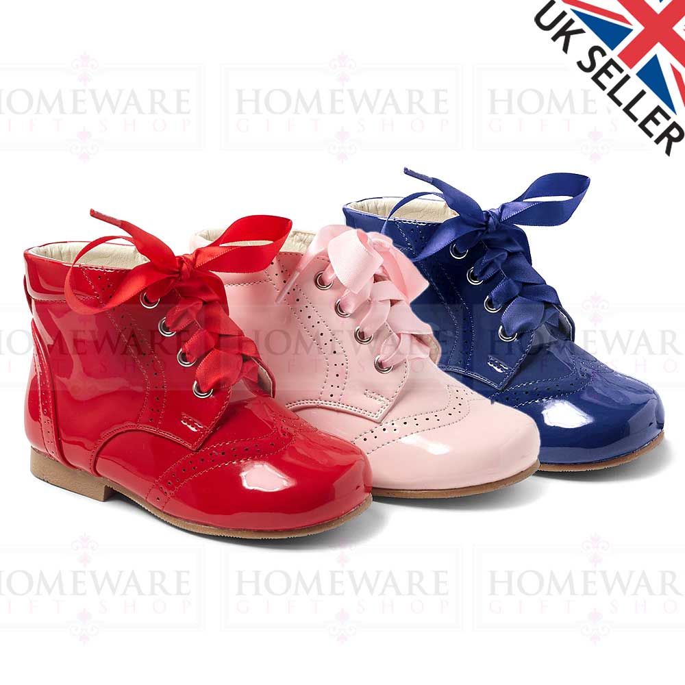 GIRLS SPANISH STYLE ANKLE BOOTS SHINY PATENT BROGUE RIBBON LACE UP RED